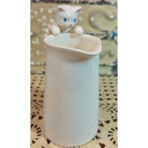 Vintage White Ceramic Milk Jug Creamer Mini Pitcher Naughty Kitten 5.5"